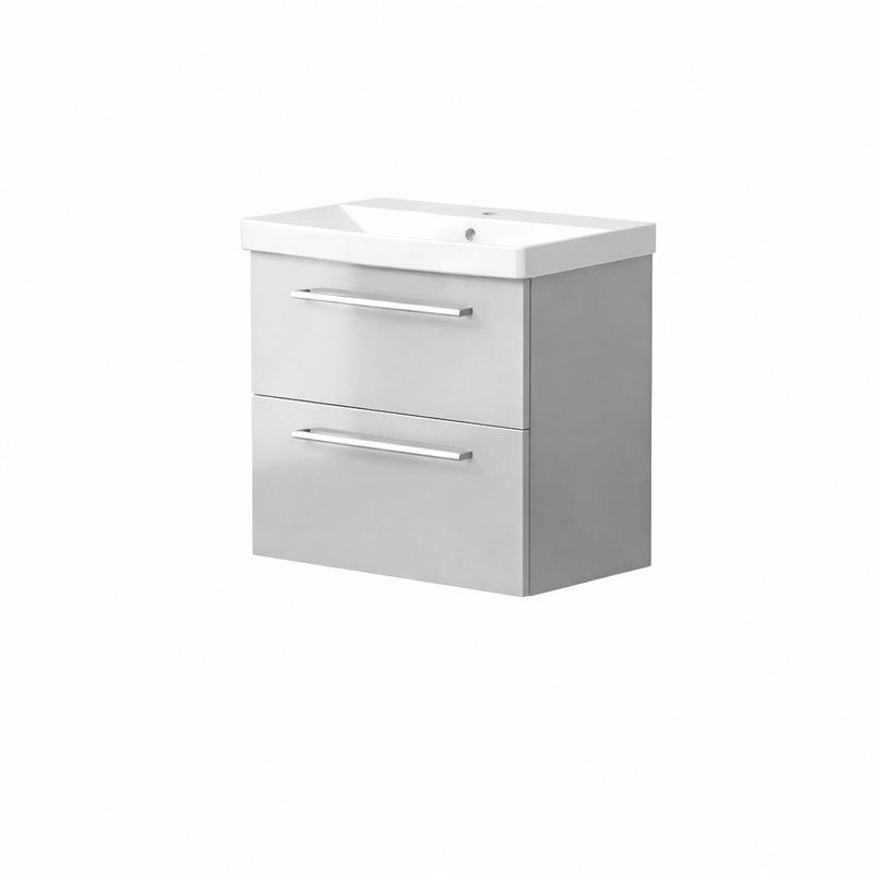 Portland 600mm Two Drawer Wall Hung Unit & Basin in Gloss Grey with Matt Black Handles - view 2