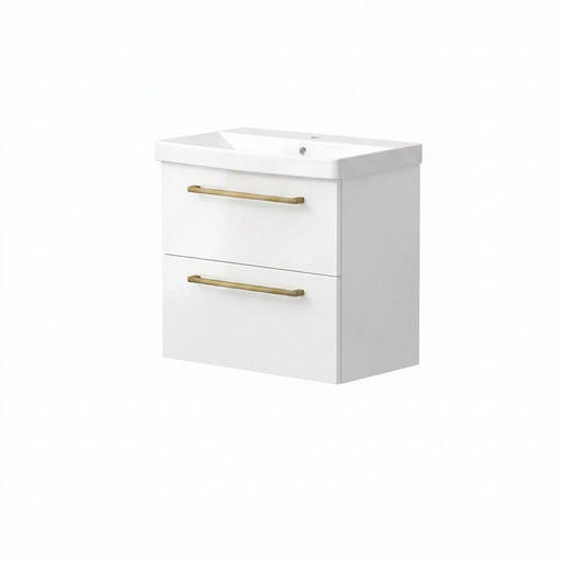 Portland 600mm Two Drawer Wall Hung Unit & Basin in White Gloss with Brushed Brass Handles