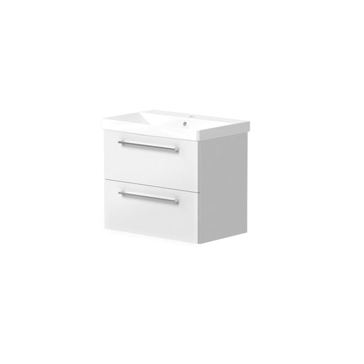Portland 600mm Two Drawer Wall Hung Unit & Basin in White Gloss with Chrome Handles