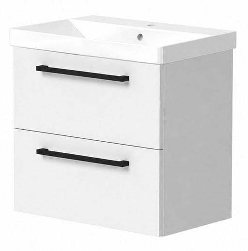 Portland 600mm Two Drawer Wall Hung Unit & Basin in White Gloss with Matt Black Handles
