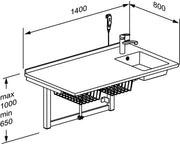 Pressalit Daycare Changing Table, Electric, 800 × 1400mm, with Sink & Pull-Out Spout Mixer Tap, Dimensioned Drawing (R8732000)