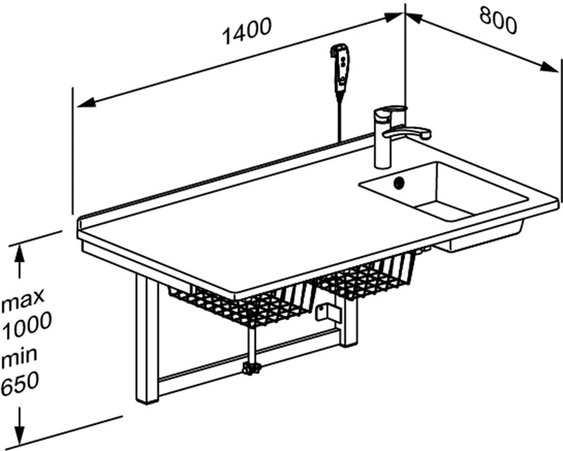 Pressalit Daycare Changing Table, Electric, 800 × 1400mm, with Sink & Pull-Out Spout Mixer Tap, Dimensioned Drawing (R8732000)