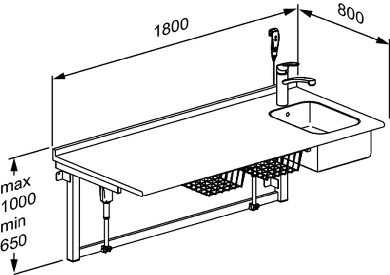 Pressalit Daycare Changing Table, Electric, 800 × 1800mm, with Sink & Pull-Out Spout Mixer Tap, Dimensioned Drawing (R8733000)
