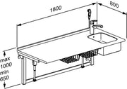 Pressalit Daycare Changing Table, Electric, 800 × 1800mm, with Sink & Standard Mixer Tap, Dimensioned Drawing (R8735000)