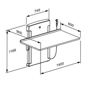 Pressalit Daycare Changing Table, Foldable Wall-Mounted, 800 × 1400mm, Dimensioned Drawing (R8672000)