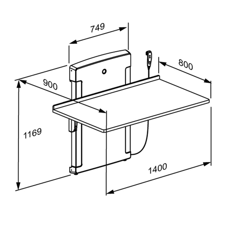 Pressalit Daycare Changing Table, Foldable Wall-Mounted, 800 × 1400mm, Dimensioned Drawing (R8672000)