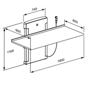 Pressalit Daycare Changing Table, Foldable Wall-Mounted, 800 × 1800mm, Dimensioned Drawing (R8673000)