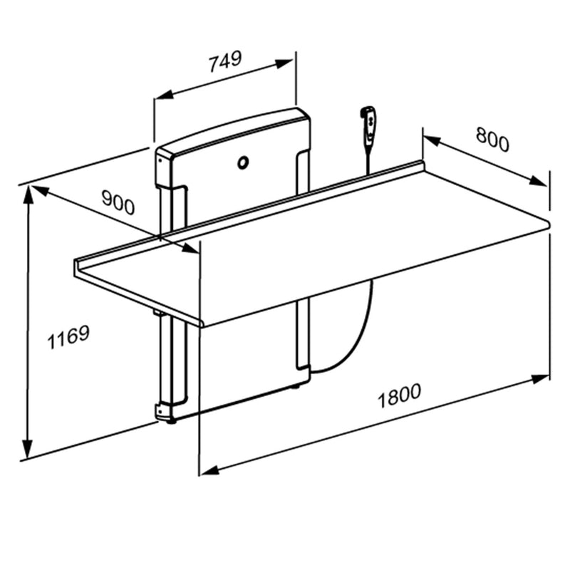 Pressalit Daycare Changing Table, Foldable Wall-Mounted, 800 × 1800mm, Dimensioned Drawing (R8673000)