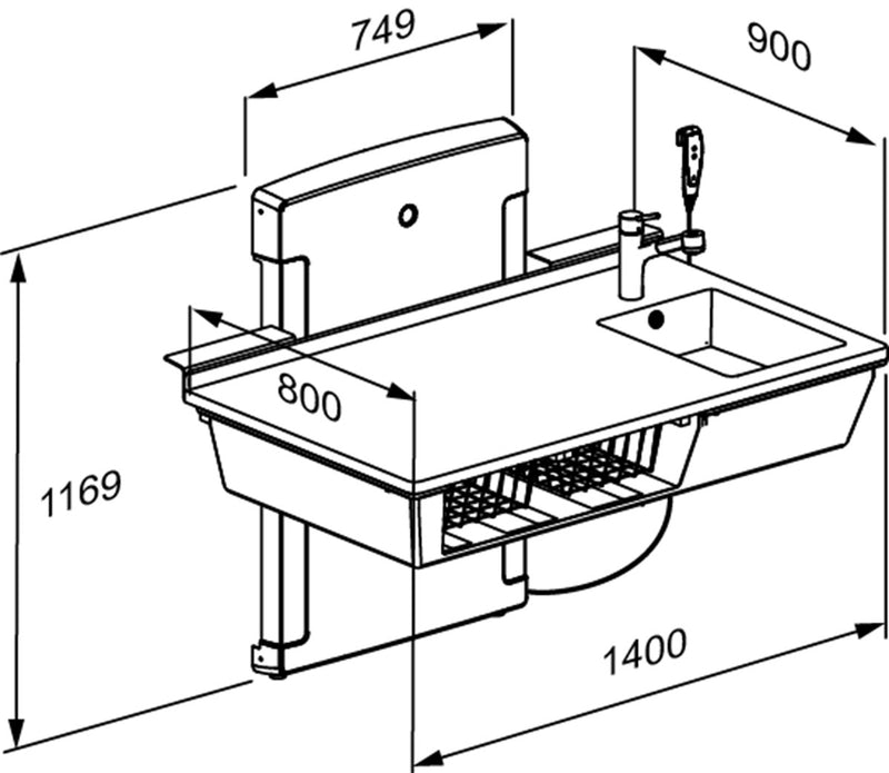 Pressalit Daycare Changing Table, Wall-Mounted Low-Start, 800 × 1400mm, Dimensioned Drawing (R8682000)