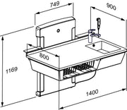 Pressalit Daycare Changing Table, Wall-Mounted Low-Start, 800 × 1400mm, Dimensioned Drawing (R8684000)