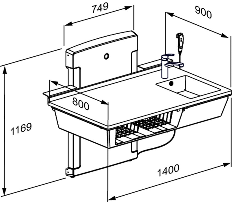 Pressalit Daycare Changing Table, Wall-Mounted Low-Start, 800 × 1400mm, Dimensioned Drawing (R8684000)