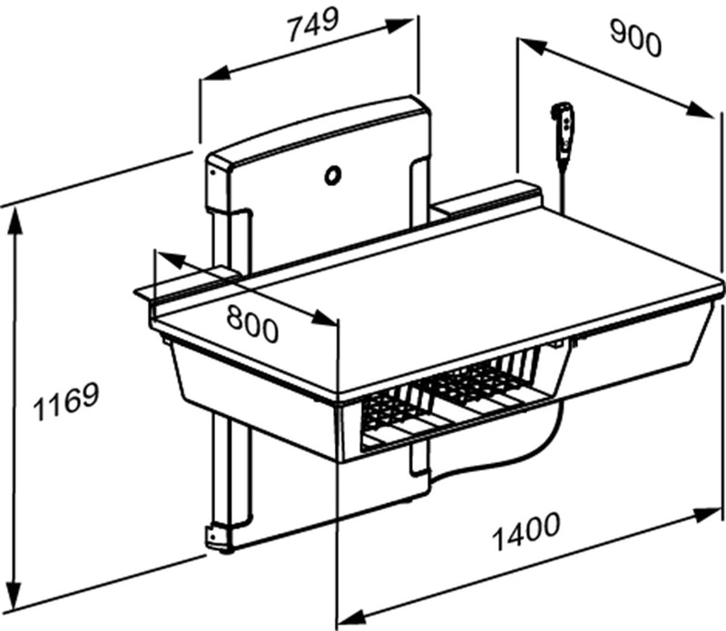 Pressalit Daycare Changing Table, Wall-Mounted Low-Start, 800 × 1400mm, Dimensioned Drawing (R8662000)