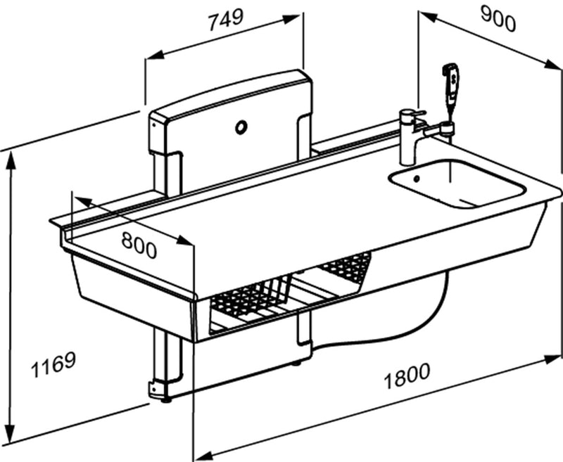 Pressalit Daycare Changing Table, Wall-Mounted Low-Start, 800 × 1800mm, Dimensioned Drawing (R8683000)