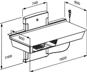 Pressalit Daycare Changing Table, Wall-Mounted Low-Start, 800 × 1800mm, Dimensioned Drawing (R8663000)