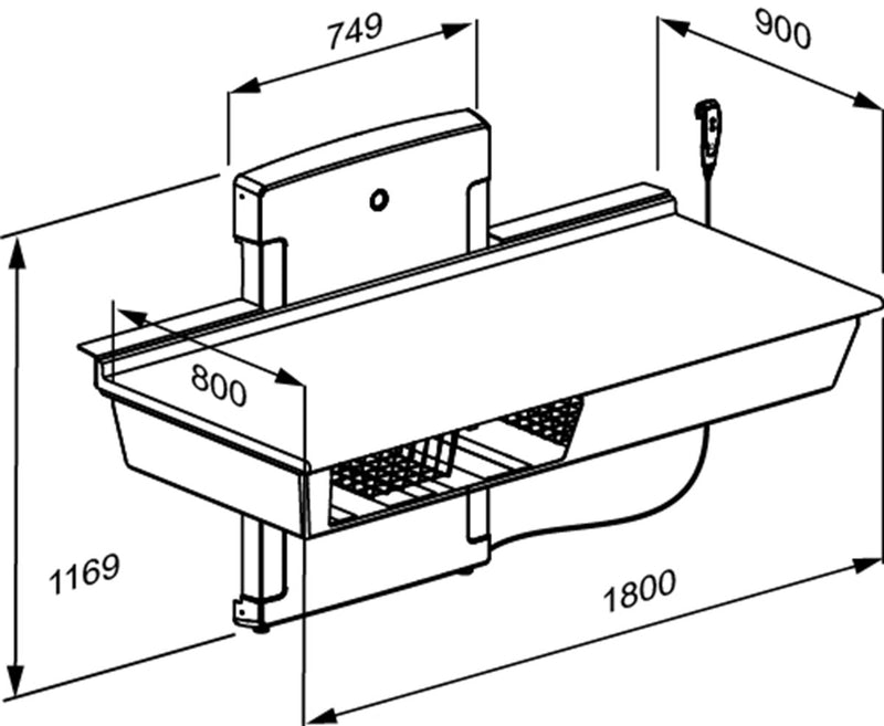 Pressalit Daycare Changing Table, Wall-Mounted Low-Start, 800 × 1800mm, Dimensioned Drawing (R8663000)