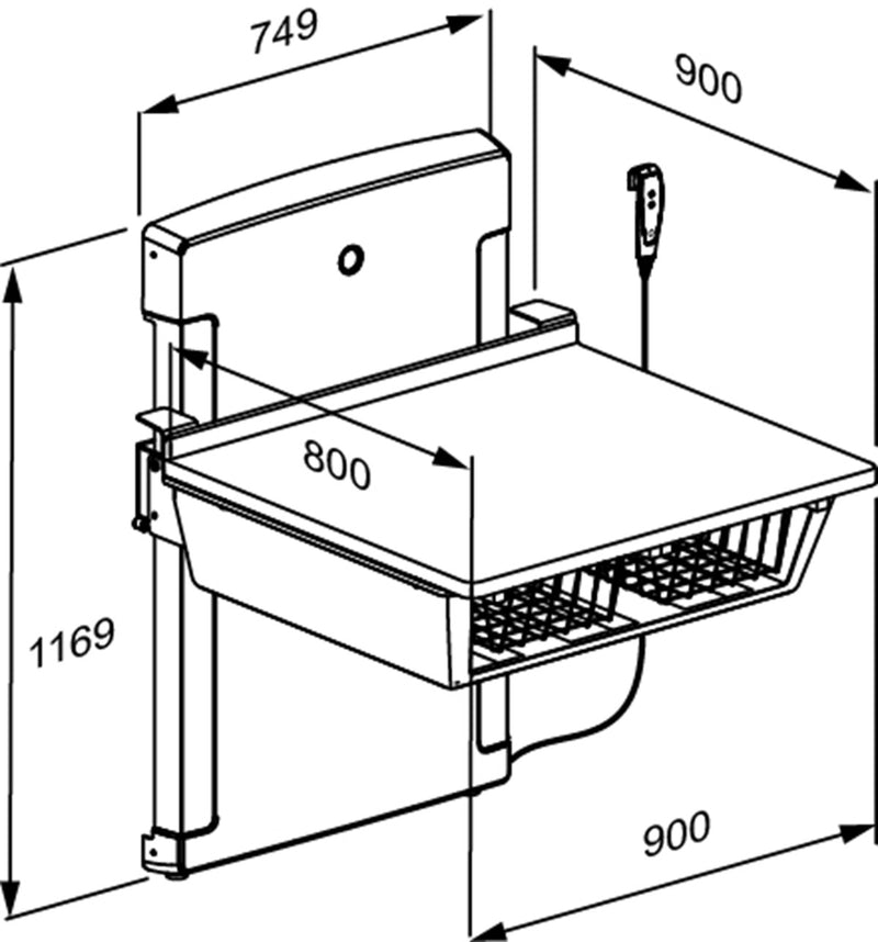 Pressalit Daycare Changing Table, Wall-Mounted Low-Start, 800 × 900mm, Dimensioned Drawing (R8661000)