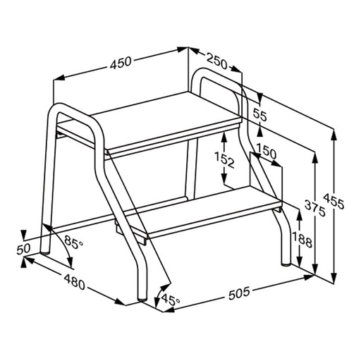 Pressalit Daycare Stepladder, 2 Steps, 505mm Wide, White, Dimensioned Drawing (R8709000)