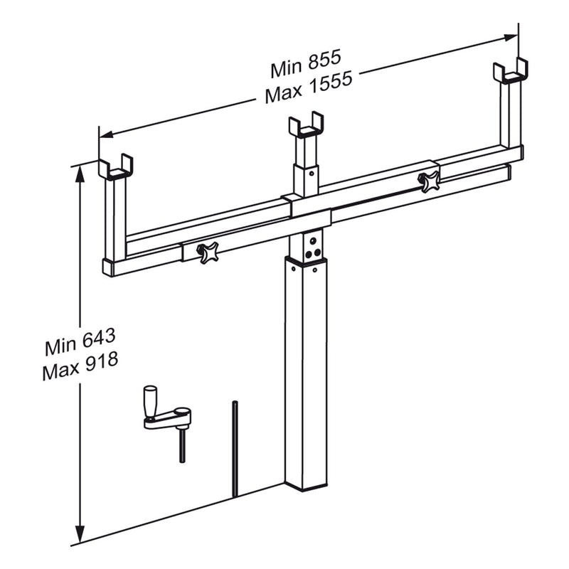 Pressalit INDIVO Crank-Operated Raiser for Bracket Height Adjustment, Dimensioned Drawing (RK1145)