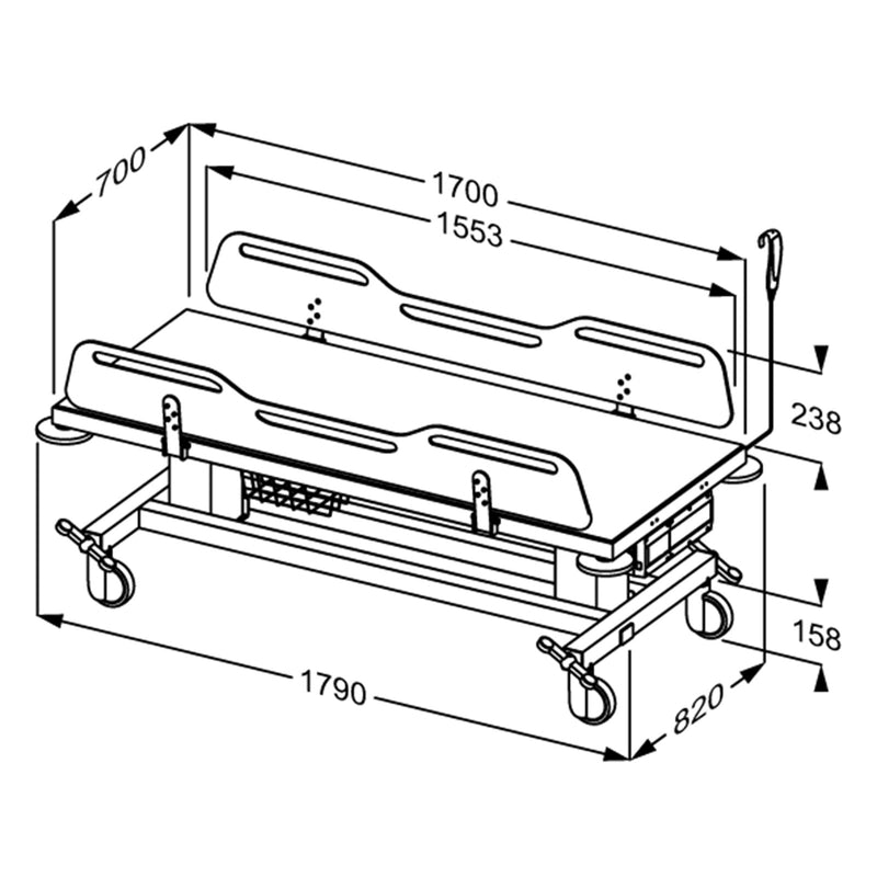 Pressalit MCT 2 Change Trolley, 700 × 1700mm, White (R9452717000) - dimensioned drawing