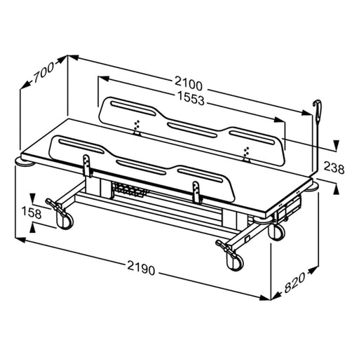 Pressalit MCT 2 Change Trolley, 700 × 2100mm, White (R9452721000) - dimensioned drawing