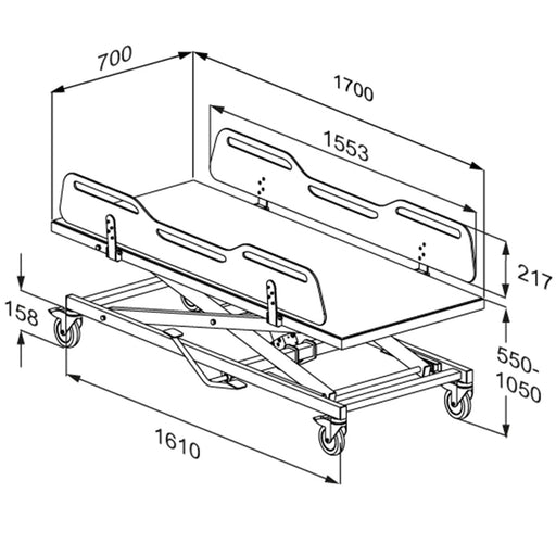 Pressalit MCT 5 Change Trolley, 700 × 1700mm, White (R9502717000) - dimensioned drawing