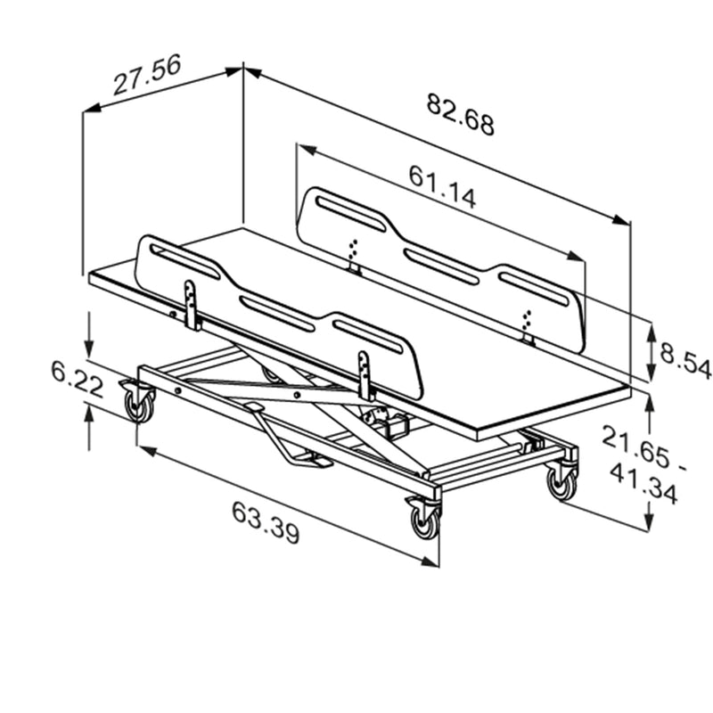 Pressalit MCT 5 Change Trolley, 700 × 2100mm, White (R9502721000) - dimensioned drawing (inches)