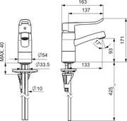 Pressalit Mixer Tap with Long Rotatable Spout & Loop Lever, Dimensioned Drawing (RT624)