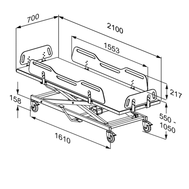 Pressalit MSCT 4 Shower Change Trolley, 700 × 2100mm, White (R9504721000) - dimensioned drawing