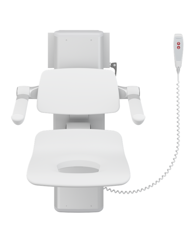 Pressalit PLUS Shower Seat 450 With Aperture, Electrically Height Adjustable And Manually Sideways Adjustable White (R7665000)