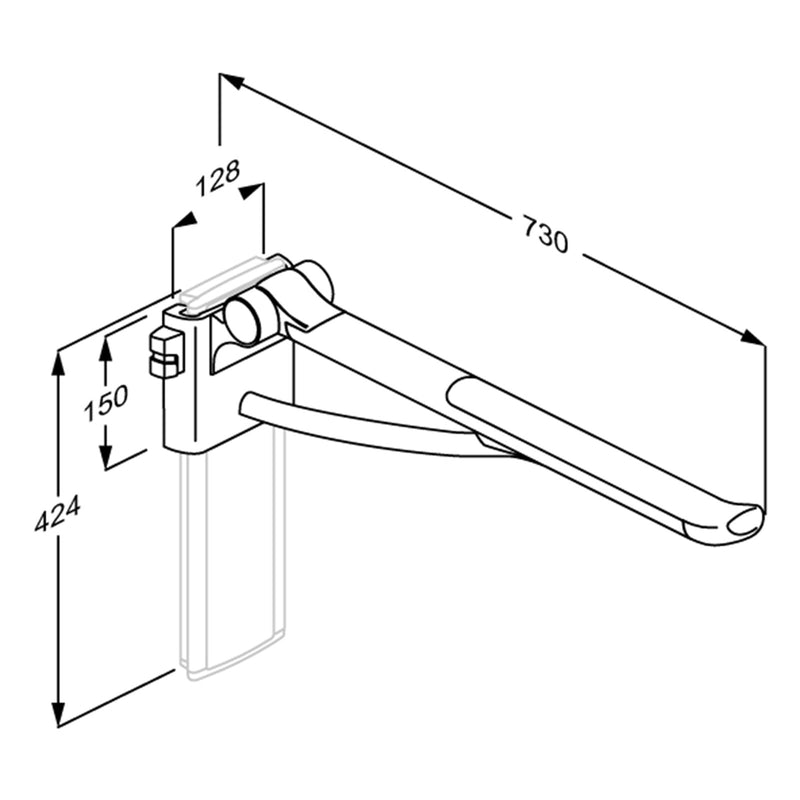 Pressalit PLUS Support Arm, 700mm, Left-Hand, Retro-Fit (R371370108) - dimensioned drawing