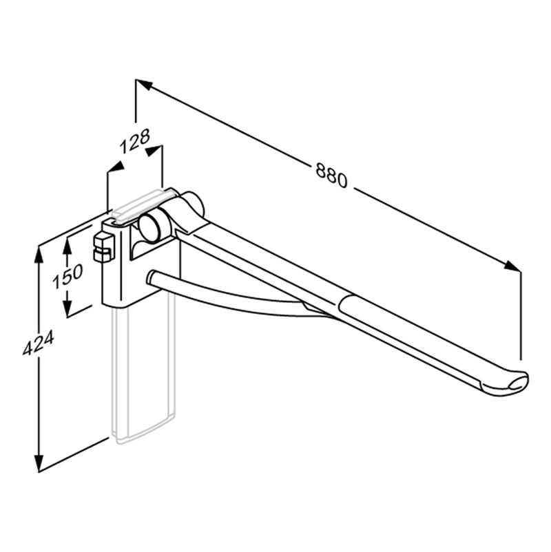 Pressalit PLUS Support Arm, 850mm, Left-Hand, Retro-Fit (R371385035) - dimensioned drawing
