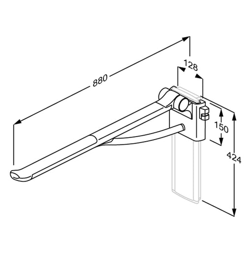 Pressalit PLUS Support Arm, 850mm, Right-Hand, Retro-Fit (R371485108) - dimensioned drawing