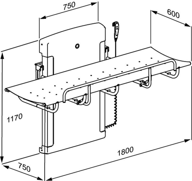 Pressalit SCT 1000 Shower Change Table, 600 × 1800mm, White (R8583118000) - dimensioned drawing