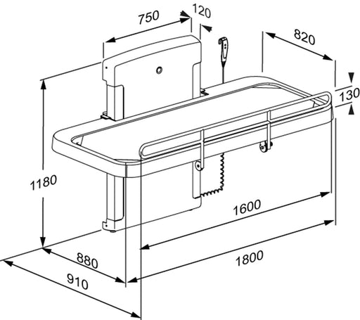 Pressalit SCT 2000 Shower Change Table, 550 × 1650mm, Mesh Cover, White (R8581218000) - dimensioned drawing