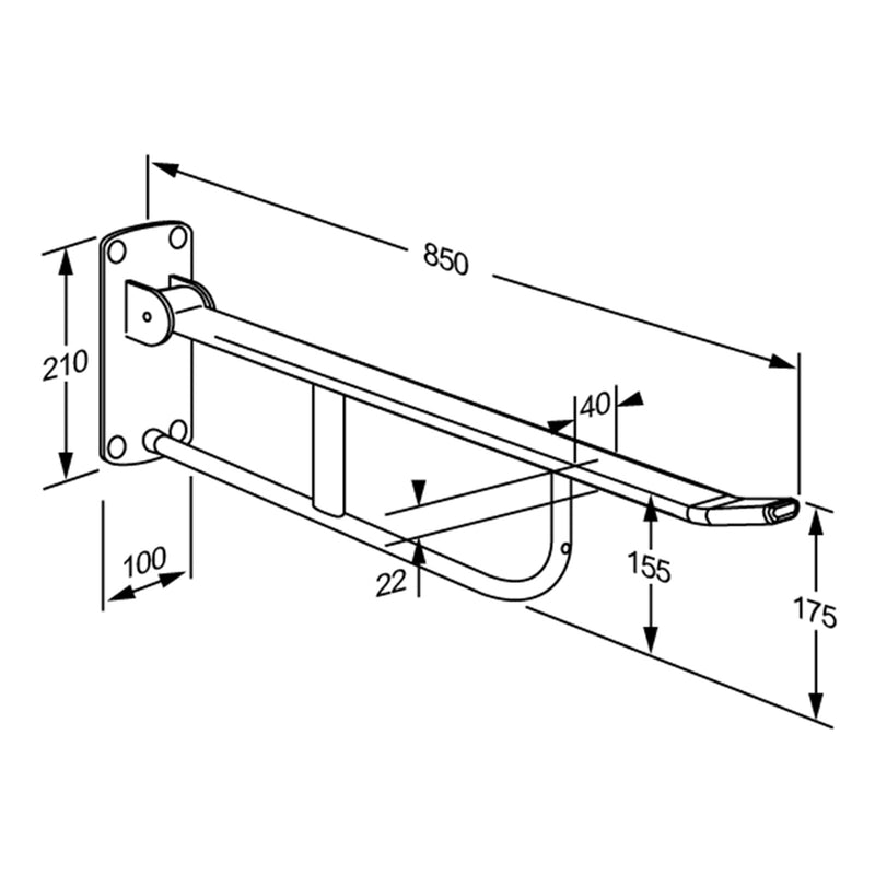Pressalit Value II Support Arm, 850mm, Fixed Height, Wall-Mounted, White (R1109000) - dimensioned drawing