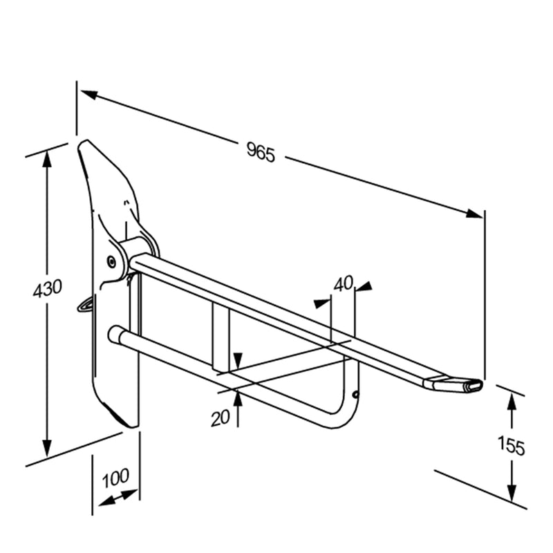 Pressalit Value II Support Arm with Mounting Profile, 850mm, Height-Adjustable, Left-Hand Operated, White (R1185000) - dimensioned drawing