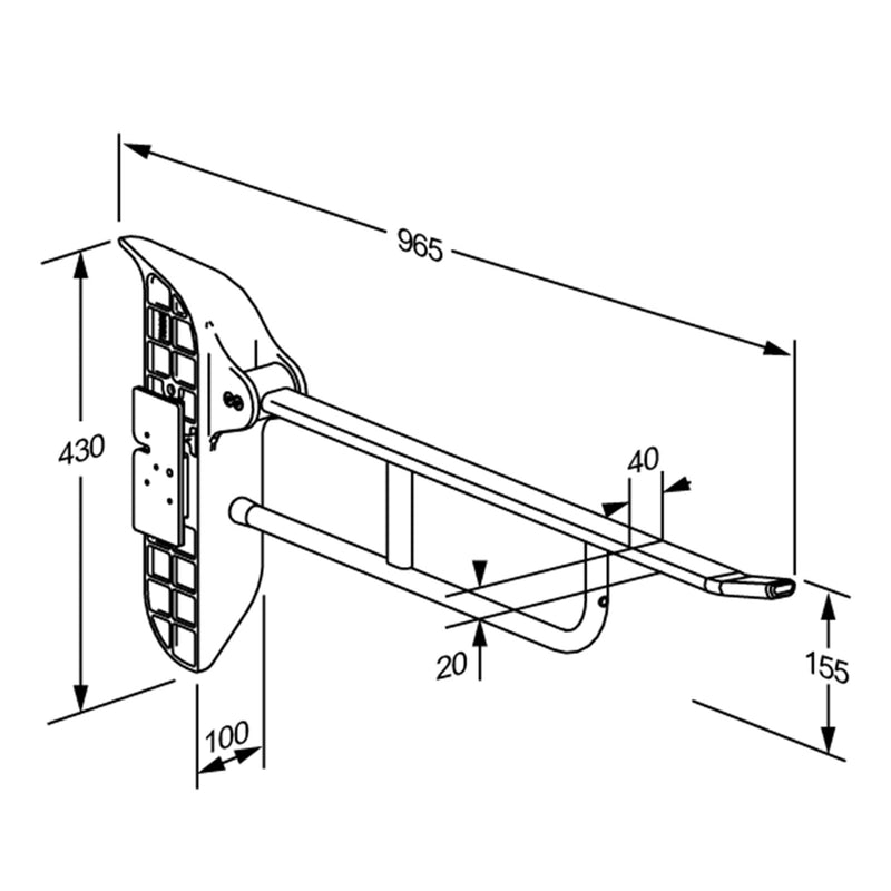 Pressalit Value II Support Arm with Mounting Profile, 850mm, Height-Adjustable, Right-Hand Operated, White (R1181000) - dimensioned drawing
