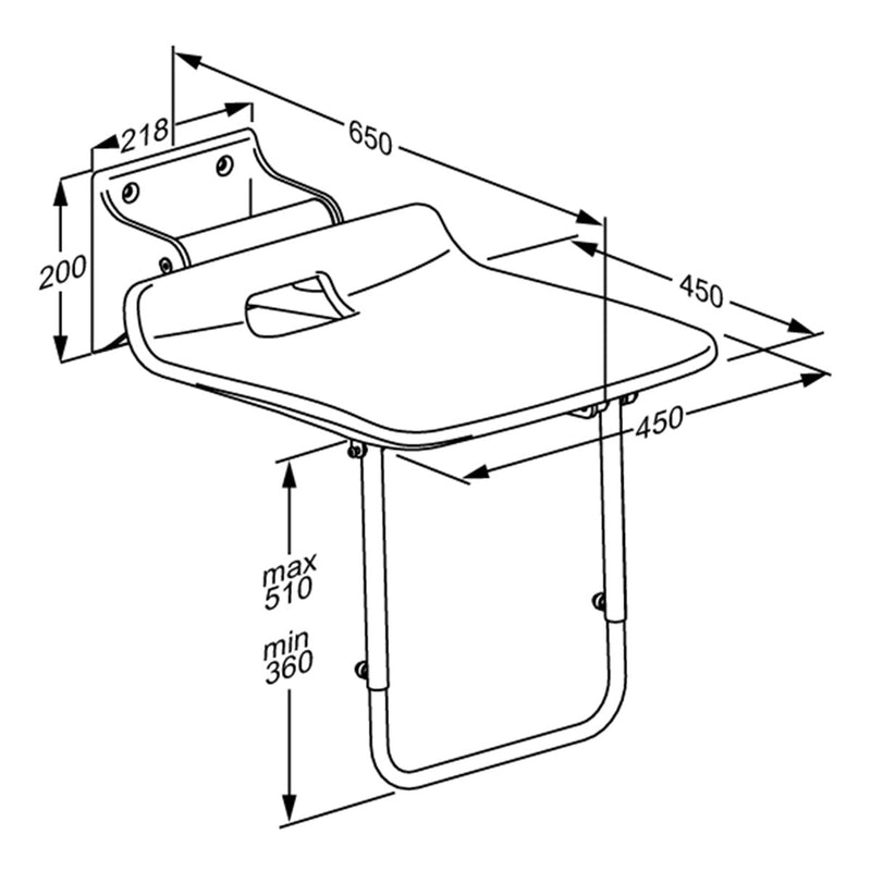 Pressalit VALUE IV folding shower seat with support leg, 440mm, dimensioned drawing (mm)