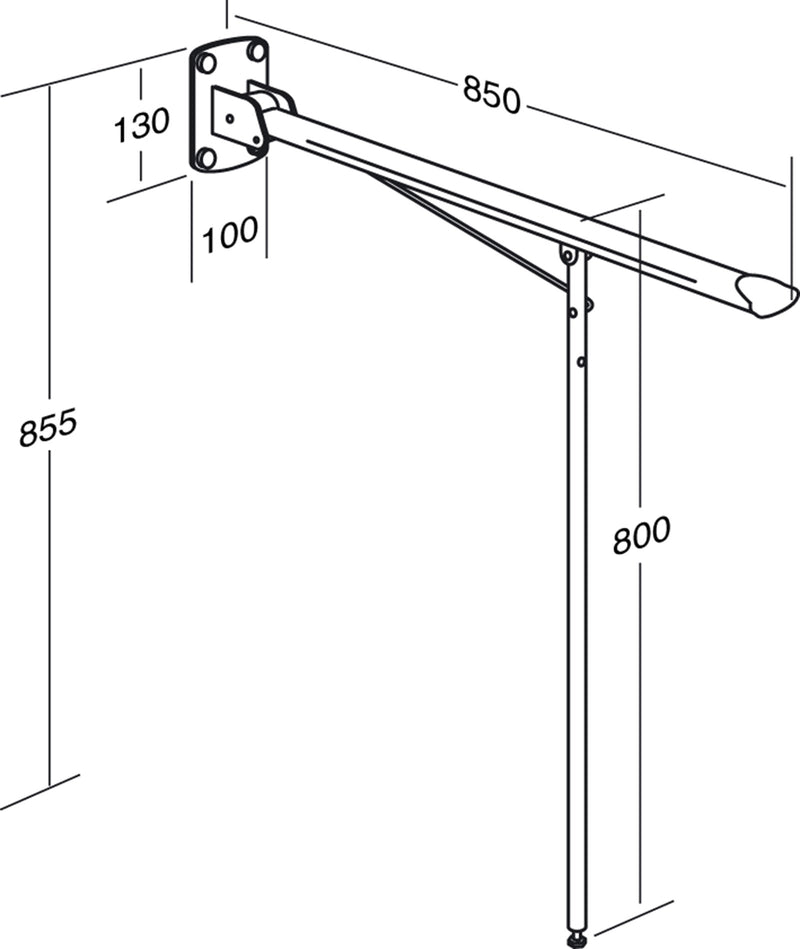 Pressalit Value Support Arm, 850mm, with 800mm Support Leg, Fixed Height, White (R1102000) - dimensioned drawing