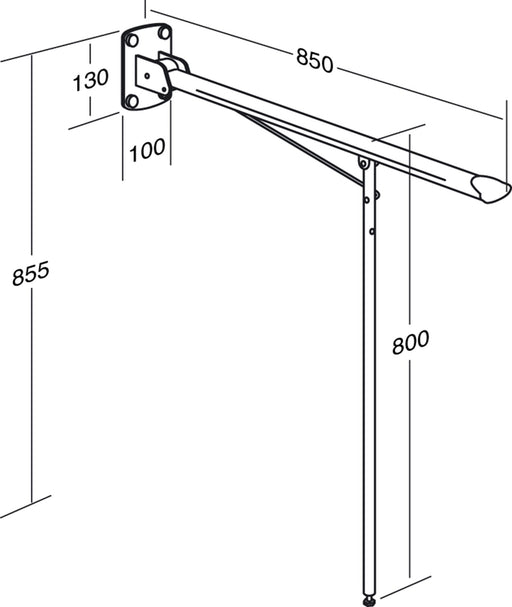 Pressalit Value Support Arm, 850mm, with 800mm Support Leg, Fixed Height, White (R1102000) - dimensioned drawing
