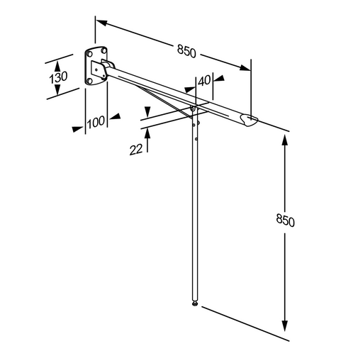 Pressalit VALUE Support Arm with 850mm Leg, Fixed Height (R1101000) - dimensioned drawing