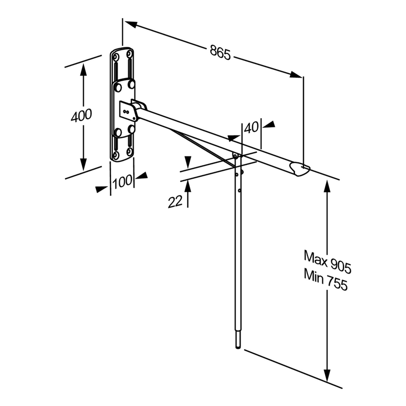 Pressalit VALUE Support Arm with Leg, Height-Adjustable (R1111000) - dimensioned drawing