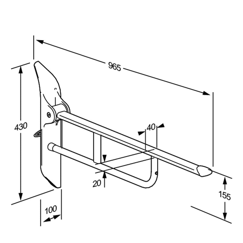 Pressalit Value Support Arm with Mounting Profile, 850mm, Height-Adjustable, Left-Hand Operated, White (R1085000) - dimensioned drawing