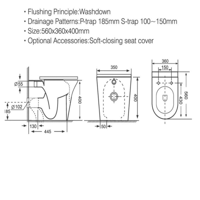 Kartell K-VIT Kameo Back To Wall Rimless WC PAN and Soft Close Seat (POT537KA-SEA102D)