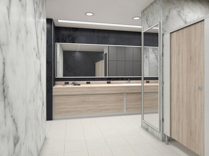 RapidFit washroom cubicles in Grey Sonoma Oak and Royal White