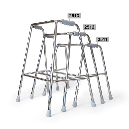 Roma heavy duty chrome steel walking frames in three heights, models 2511, 2512 and 2513