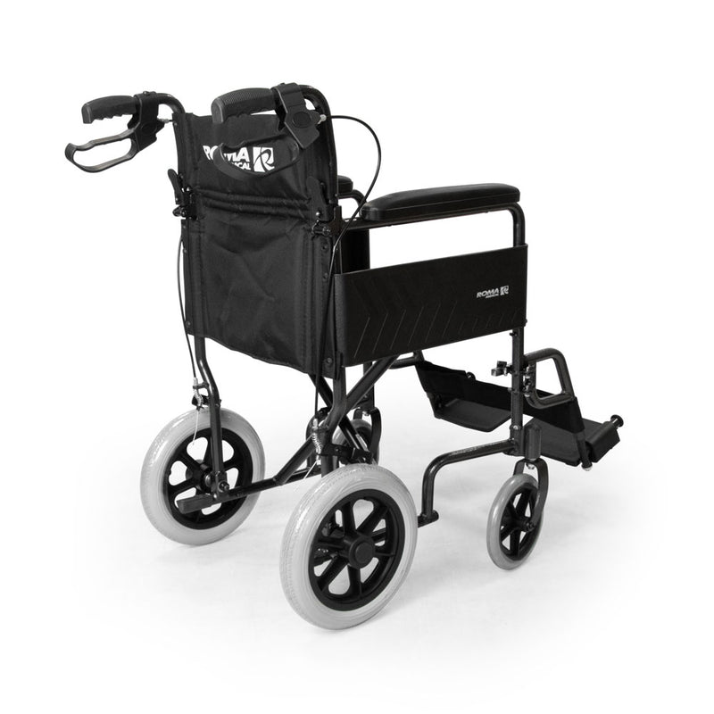 Rear view of the Roma 1235 transit wheelchair showing push handles