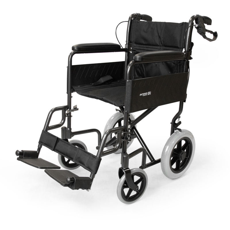 Front view of the Roma 1235 lightweight car transit wheelchair in grey