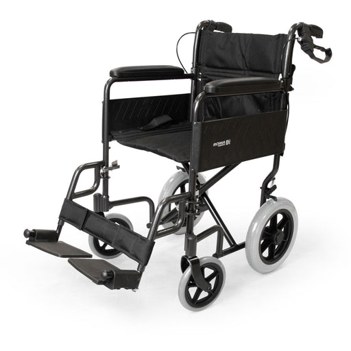 Front view of the Roma 1235 lightweight car transit wheelchair in grey