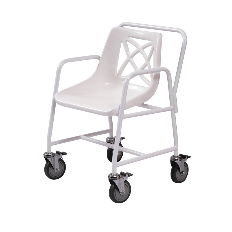 Roma 4550/4BC mobile shower chair with shell seat, fixed arms and four braked castors